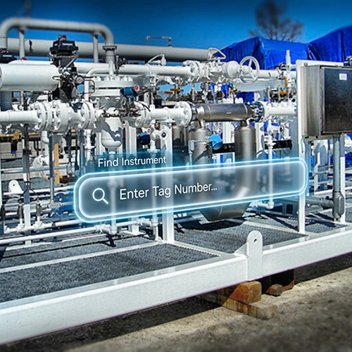 A floating AR search bar hovering over a process skid unit, prompting for an instrument tag number.
