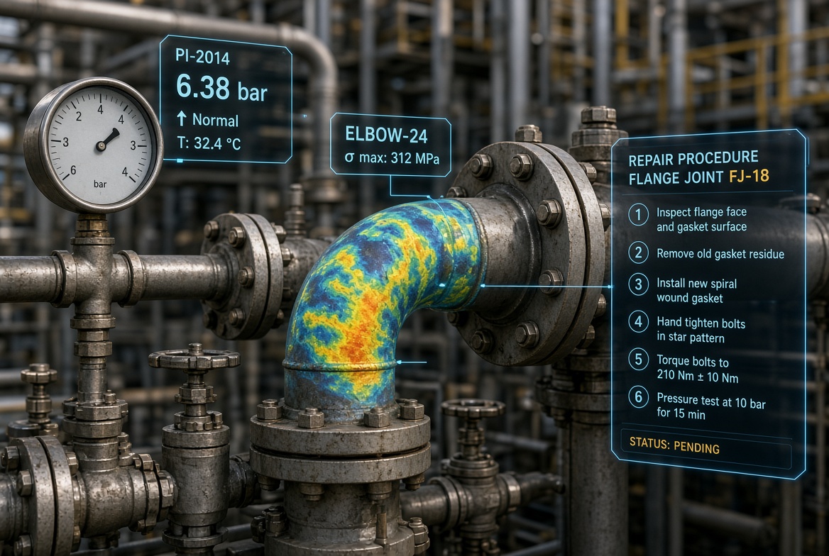 AR repair instructions and live readings aligned to refinery piping.