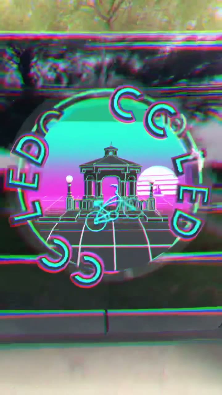 A park bandstand viewed through a phone with a stylized retrowave AR overlay.